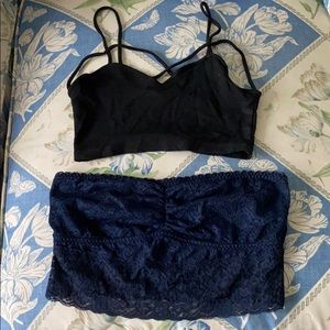 Two crop tops one black cotton one blue lace